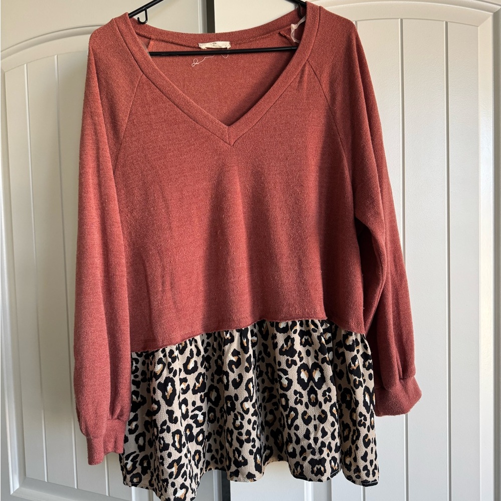 Anthropologie Red Sweater with Leopard Print Hem